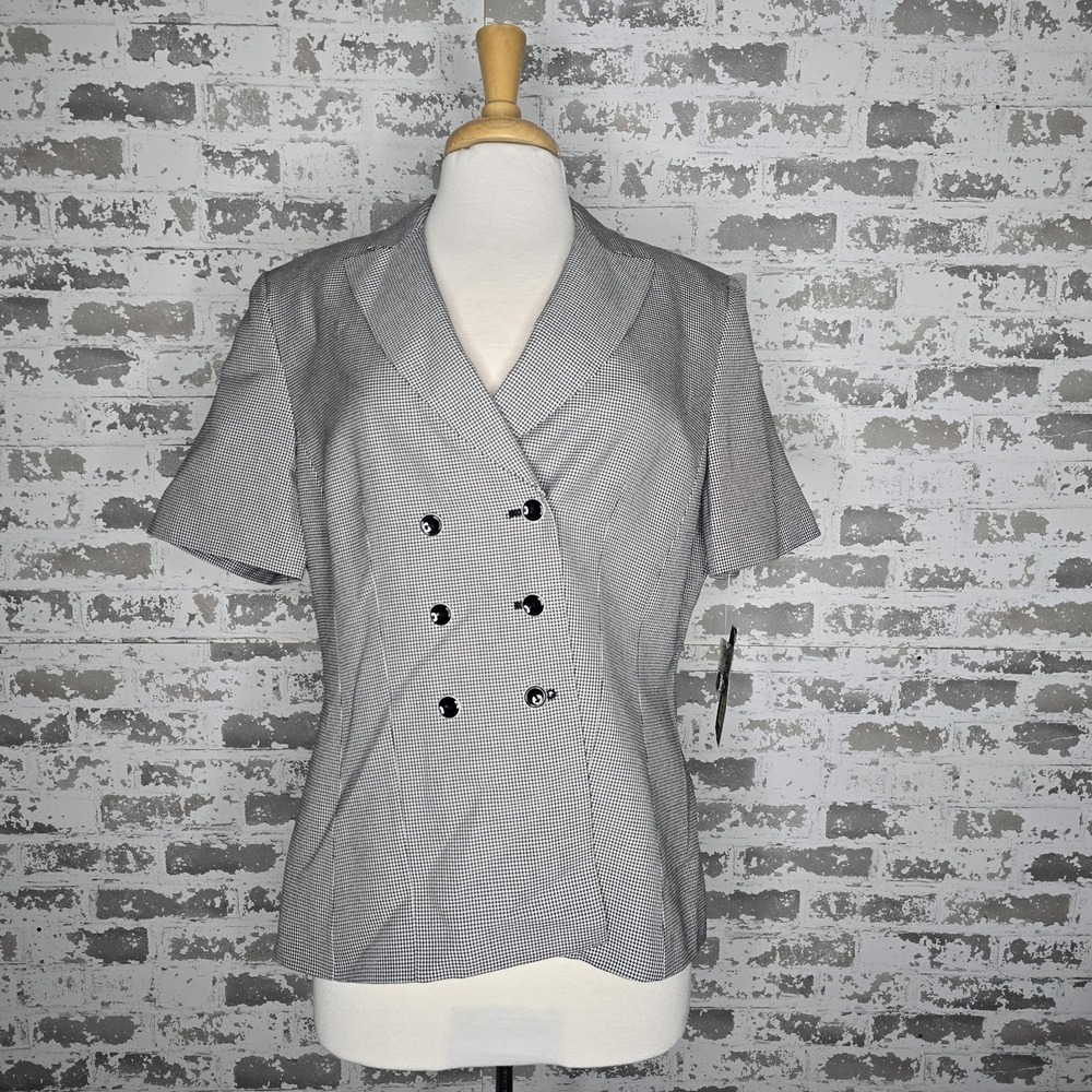 NEW Le Suit Blazer Womens 14P Black White Nailhead Double Breasted Peak Lapel‎